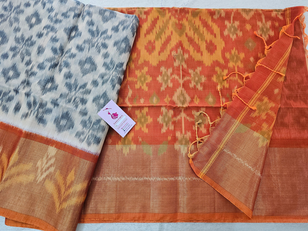 Cream with Orange Pochampally Ikkat Silk Cotton (SICO Pattu)