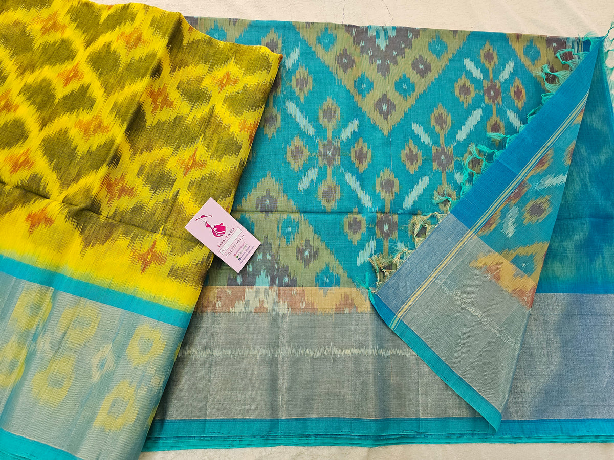 Yellow with Sky Blue Pochampally Ikkat Silk Cotton (SICO Pattu)