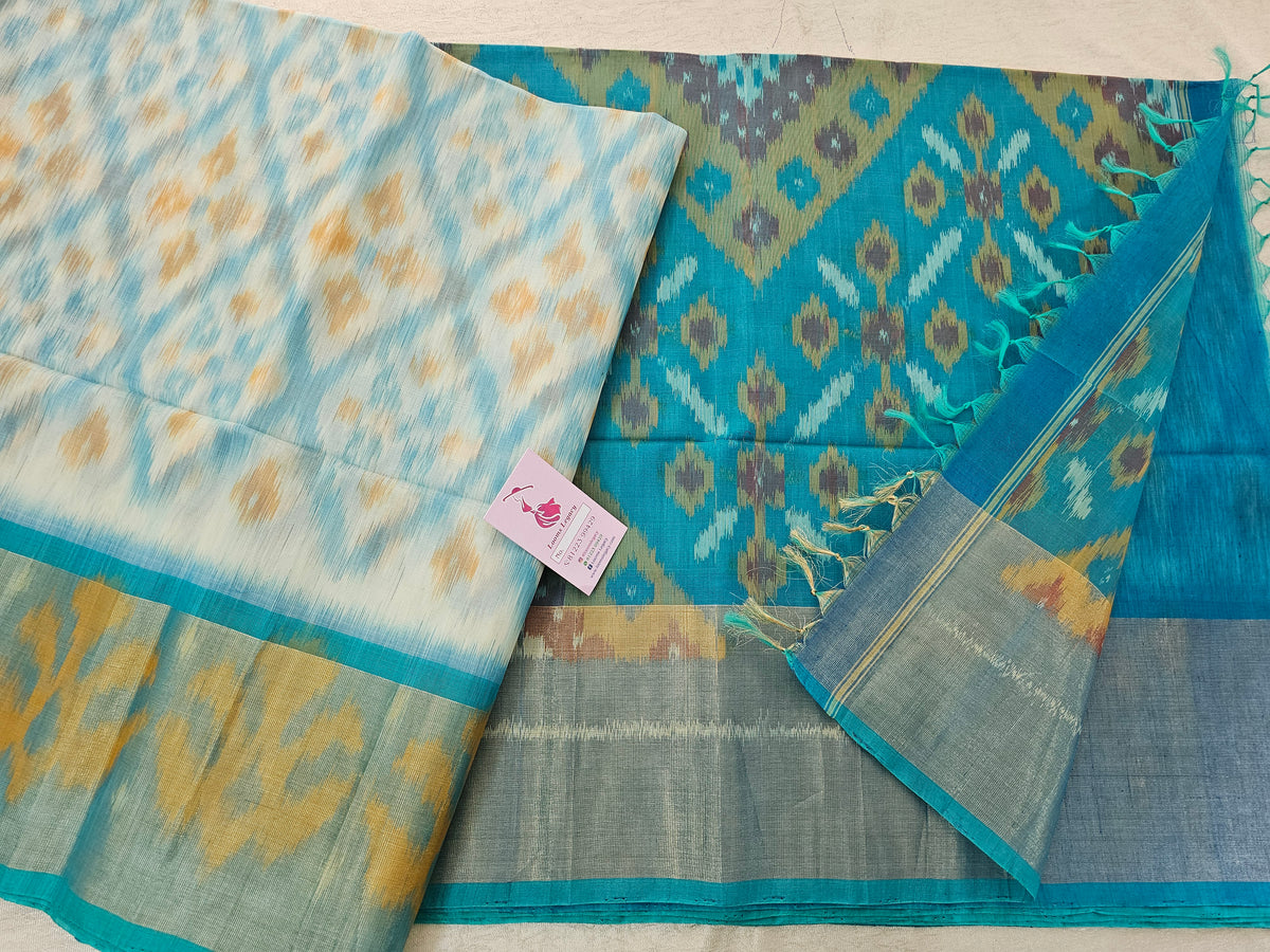 Off-white with Sky Blue Pochampally Ikkat Silk Cotton (SICO Pattu)