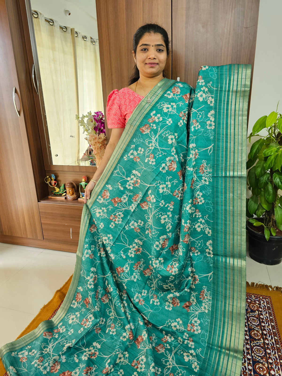 Semi Tussar with Digital Printed Saree - Sea Green