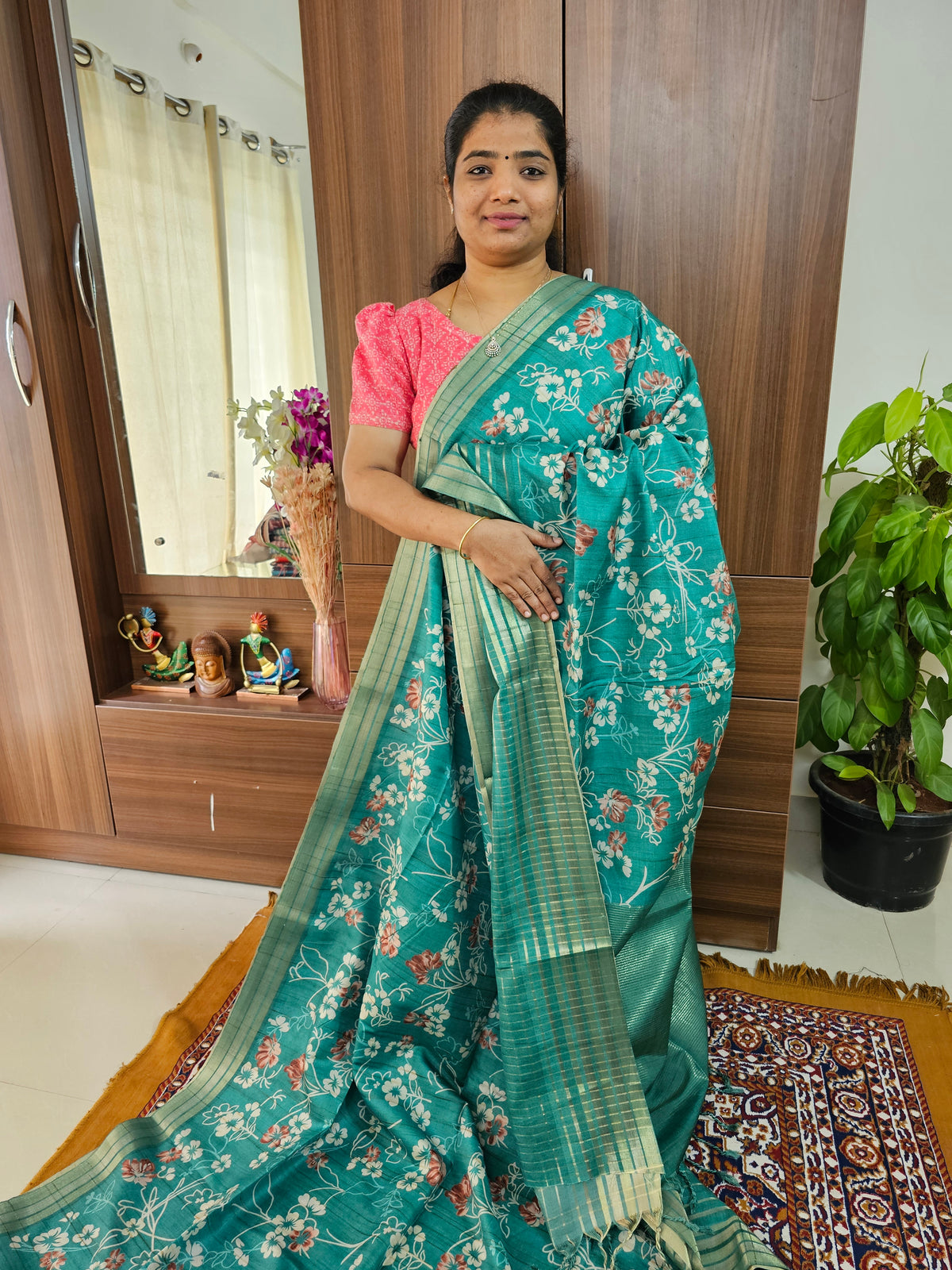 Semi Tussar with Digital Printed Saree - Sea Green