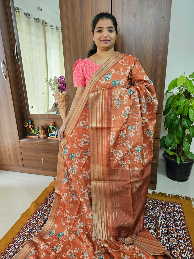 Semi Tussar with Digital Printed Saree - Rust Brown