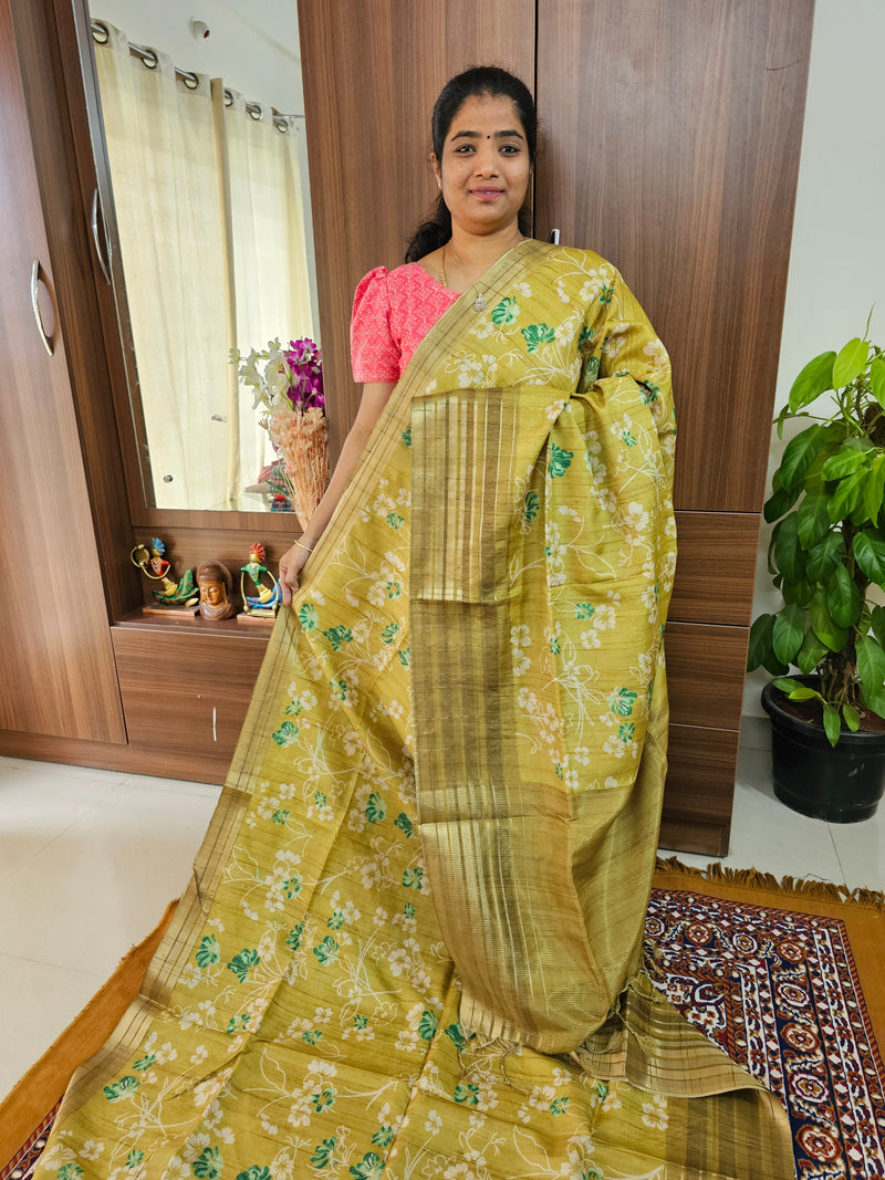 Semi Tussar with Digital Printed Saree - Lime Yellow