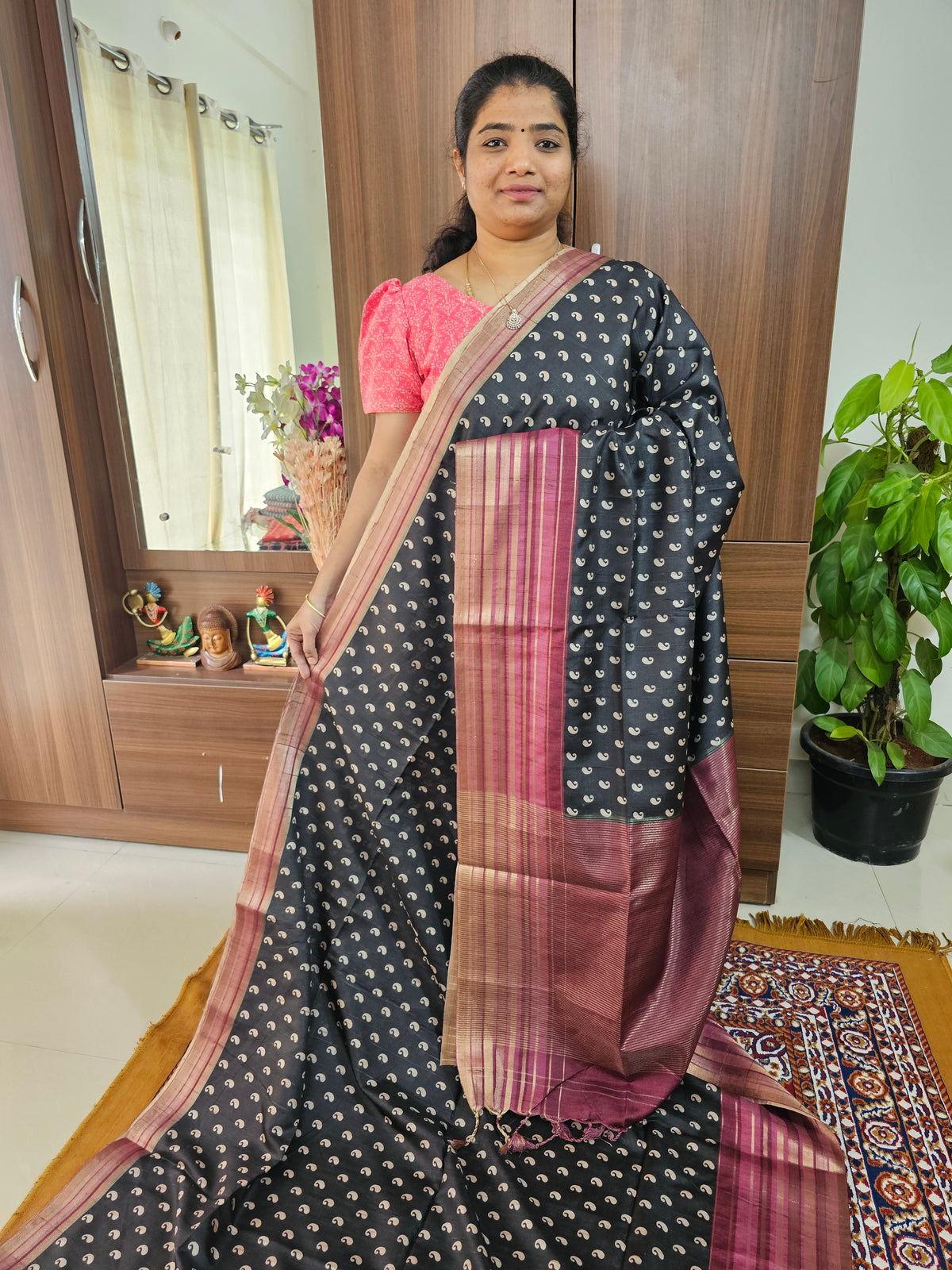 Semi Tussar with Digital Printed Saree - Black with Magenta Pink