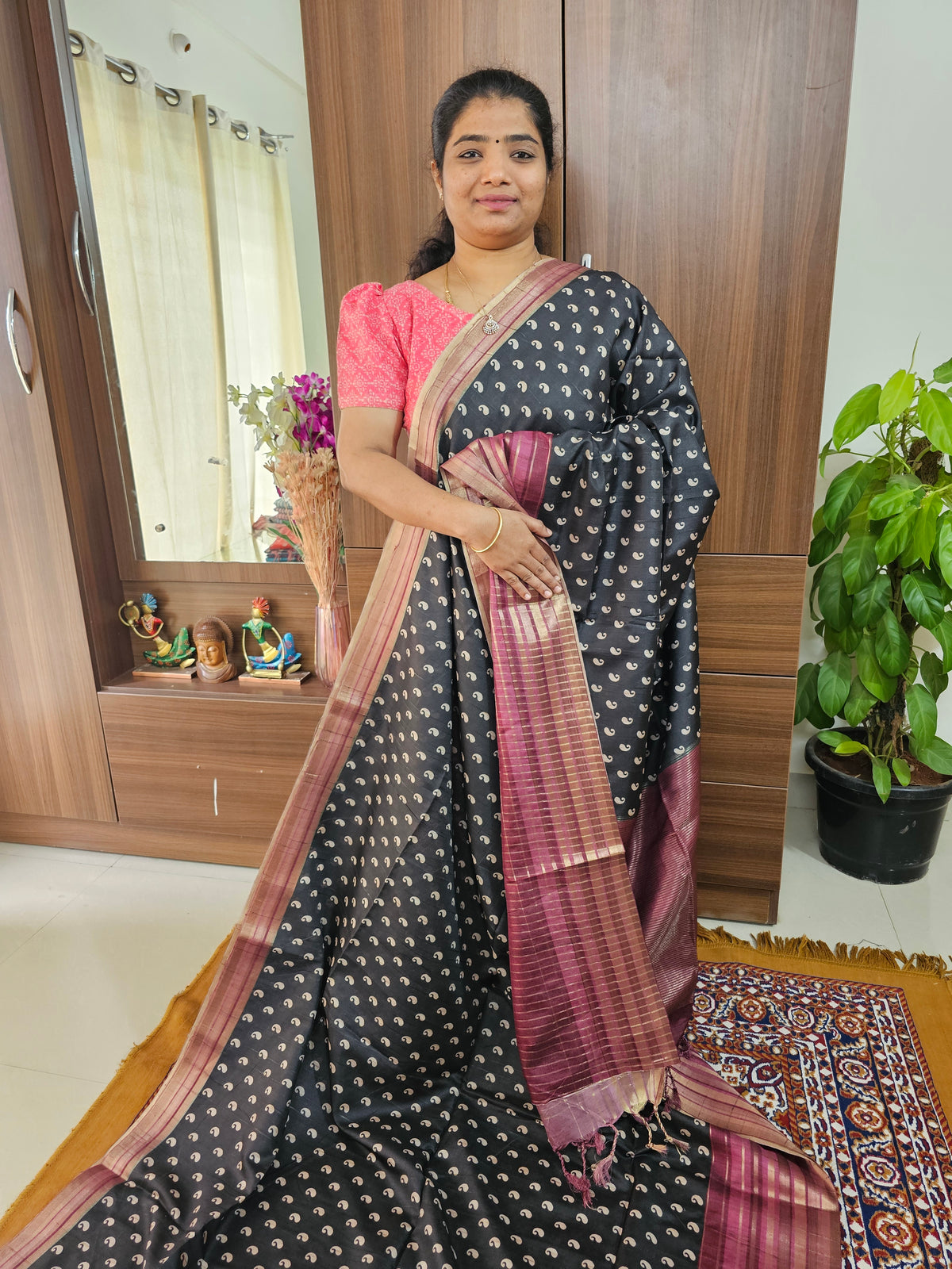 Semi Tussar with Digital Printed Saree - Black with Magenta Pink