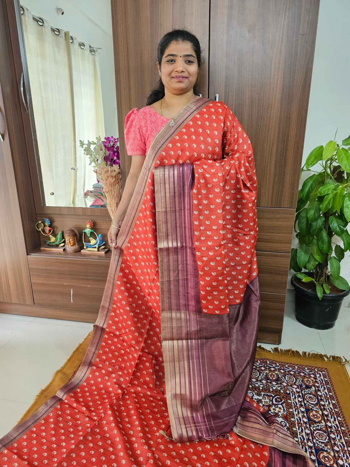 Semi Tussar with Digital Printed Saree - Orange with Magenta Pink