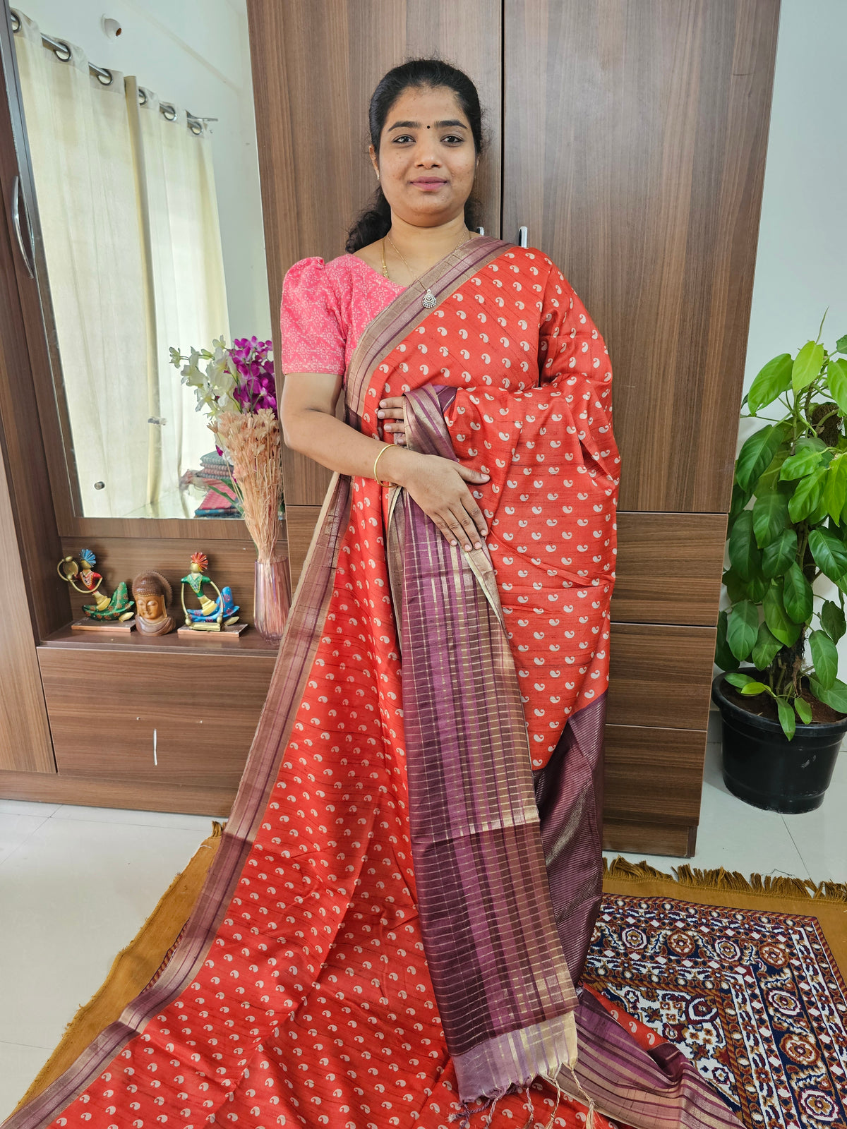 Semi Tussar with Digital Printed Saree - Orange with Magenta Pink