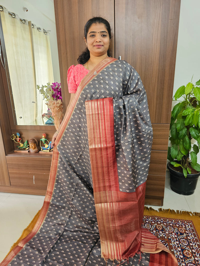 Semi Tussar with Digital Printed Saree - Grey with Maroon