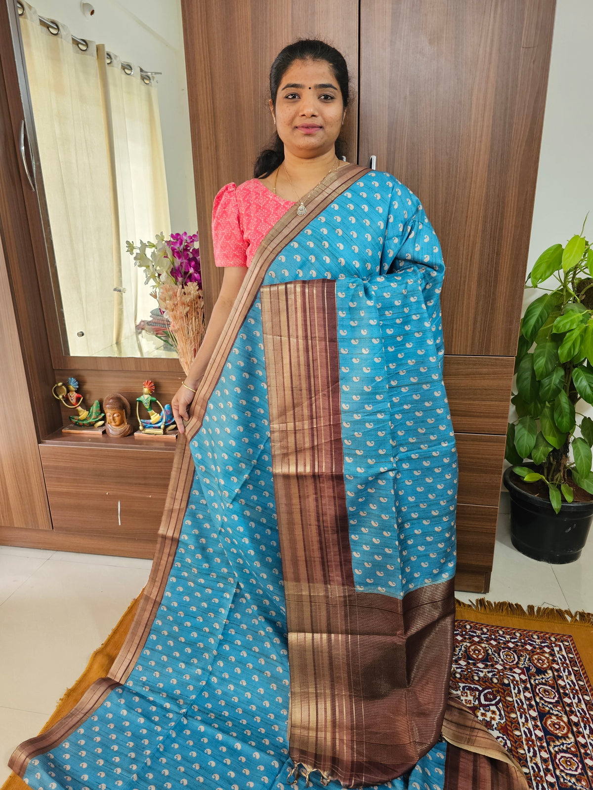 Semi Tussar with Digital Printed Saree - Blue with Brown