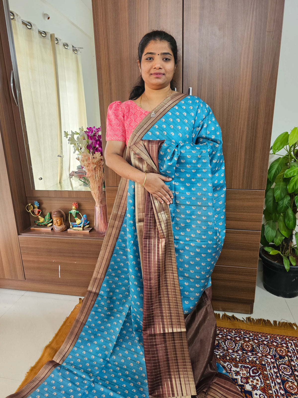 Semi Tussar with Digital Printed Saree - Blue with Brown