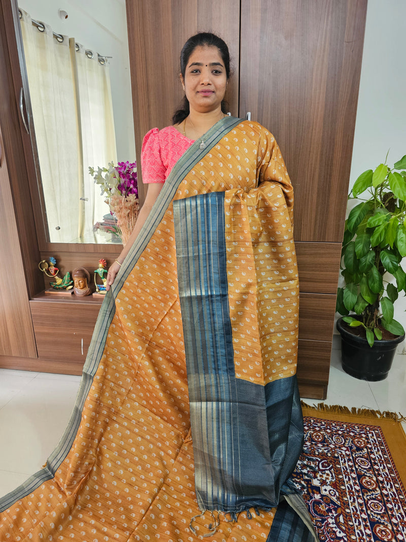 Semi Tussar with Digital Printed Saree - Mustard Yellow with Dark Green