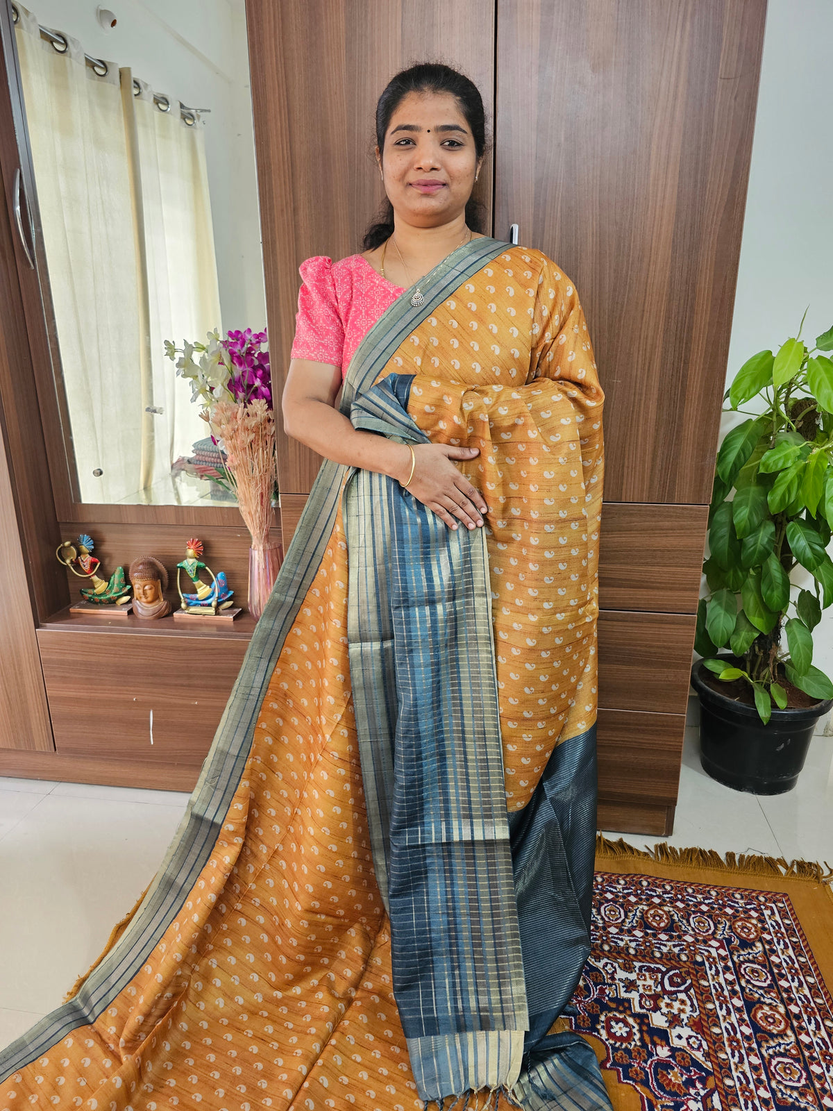 Semi Tussar with Digital Printed Saree - Mustard Yellow with Dark Green