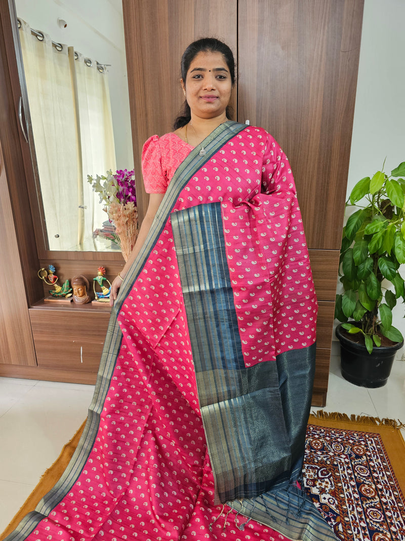 Semi Tussar with Digital Printed Saree - Pink with Dark Grey