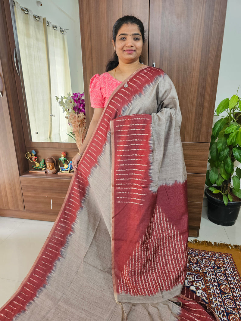 Semi Ghicha Shibori Printed Saree - Grey with Maroon