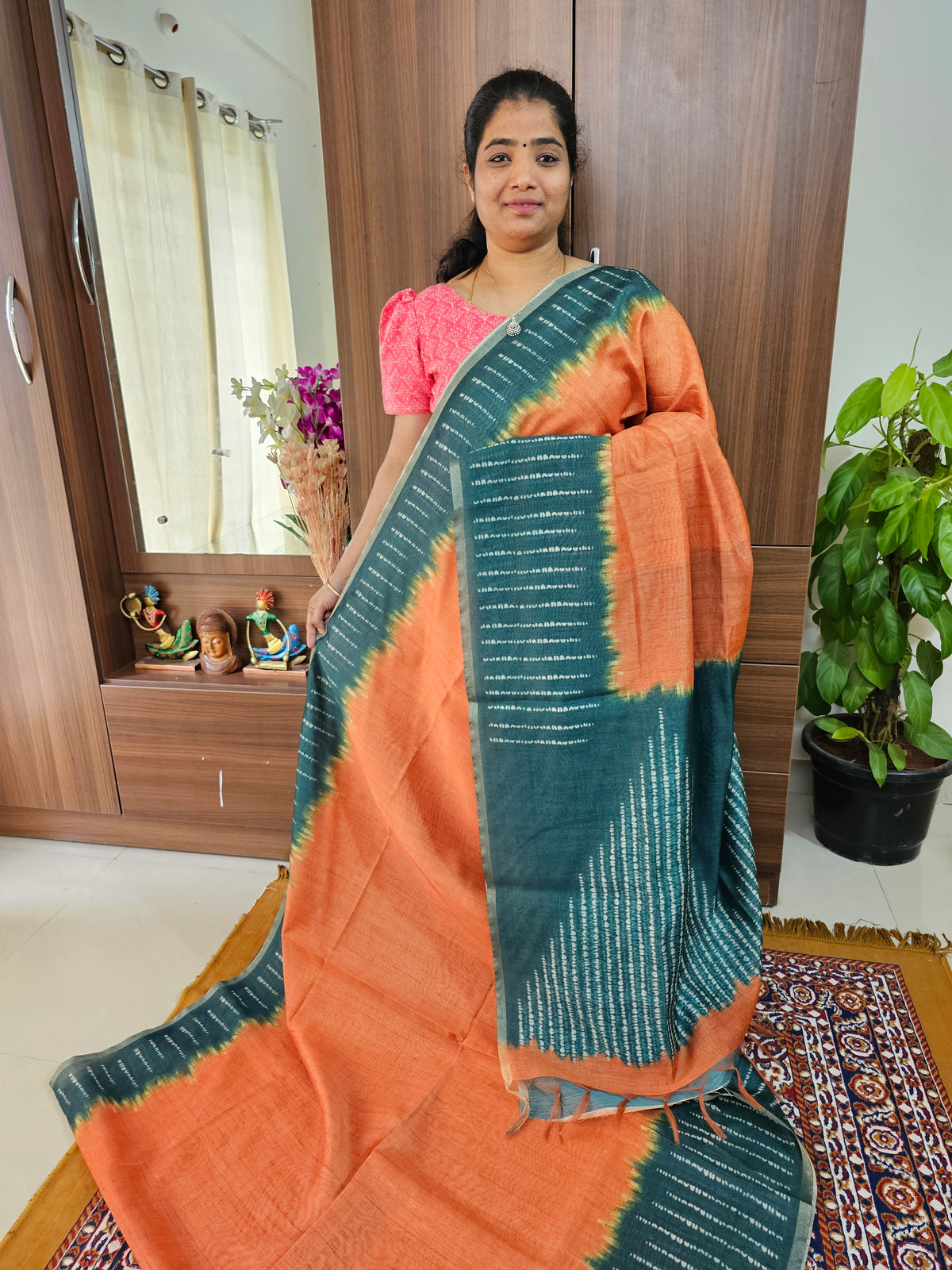 Semi Ghicha Shibori Printed Saree - Orange with Peacock Green