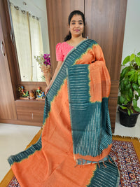 Semi Ghicha Shibori Printed Saree - Orange with Peacock Green