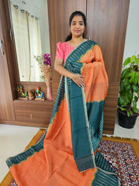 Semi Ghicha Shibori Printed Saree - Orange with Peacock Green