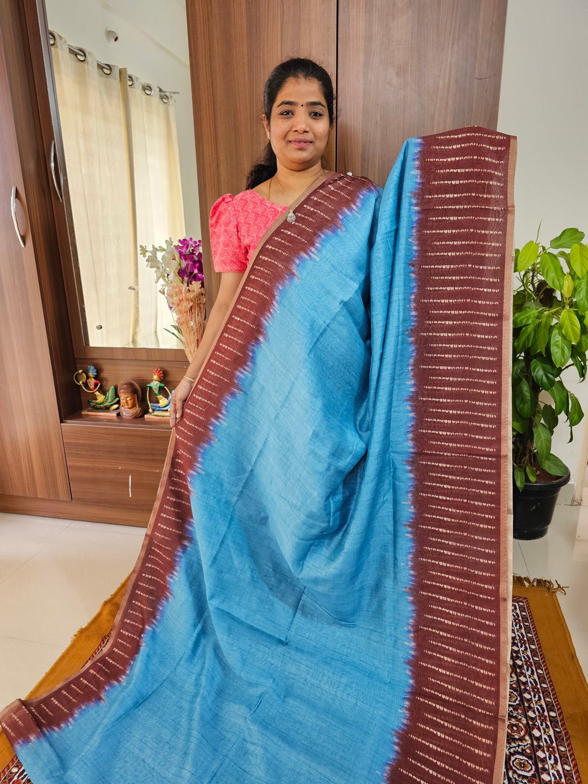 Semi Ghicha Shibori Printed Saree - Blue with Brown