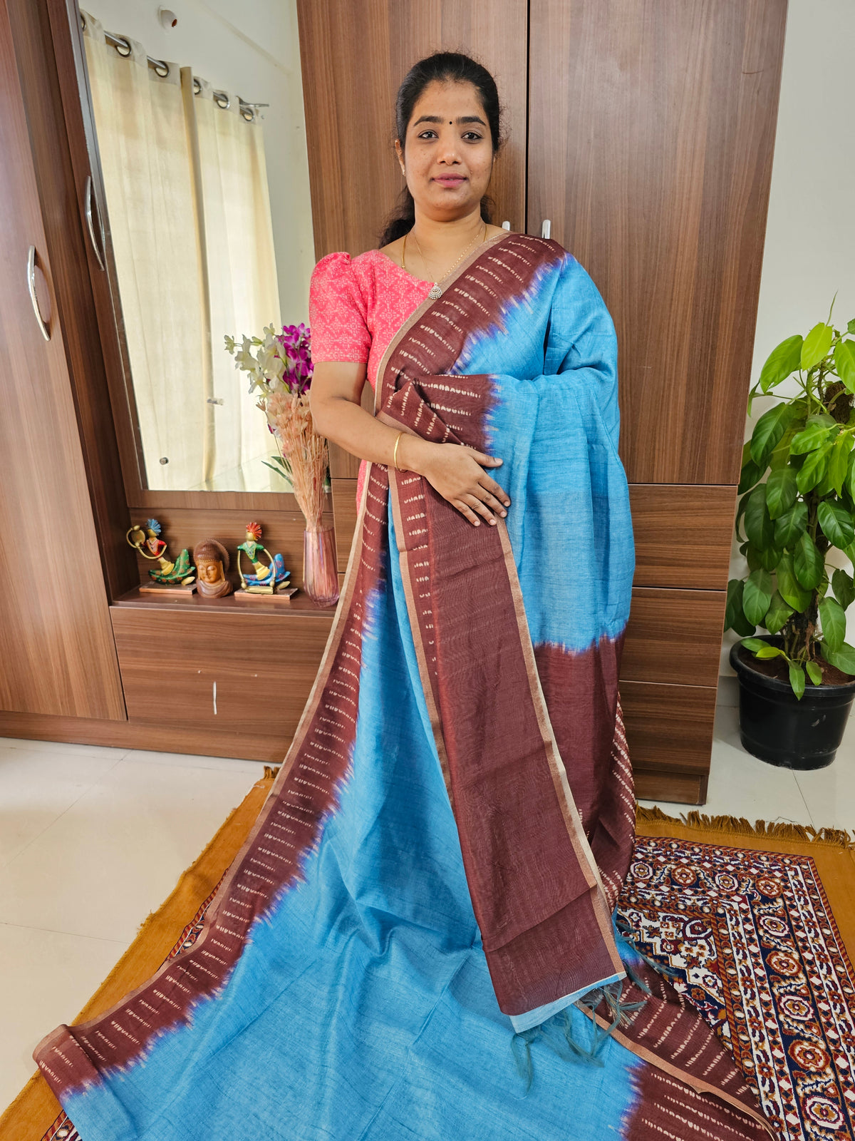 Semi Ghicha Shibori Printed Saree - Blue with Brown