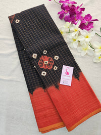 Madurai Sungadi Cotton Small Checks  Saree -  Black with Rust Orange