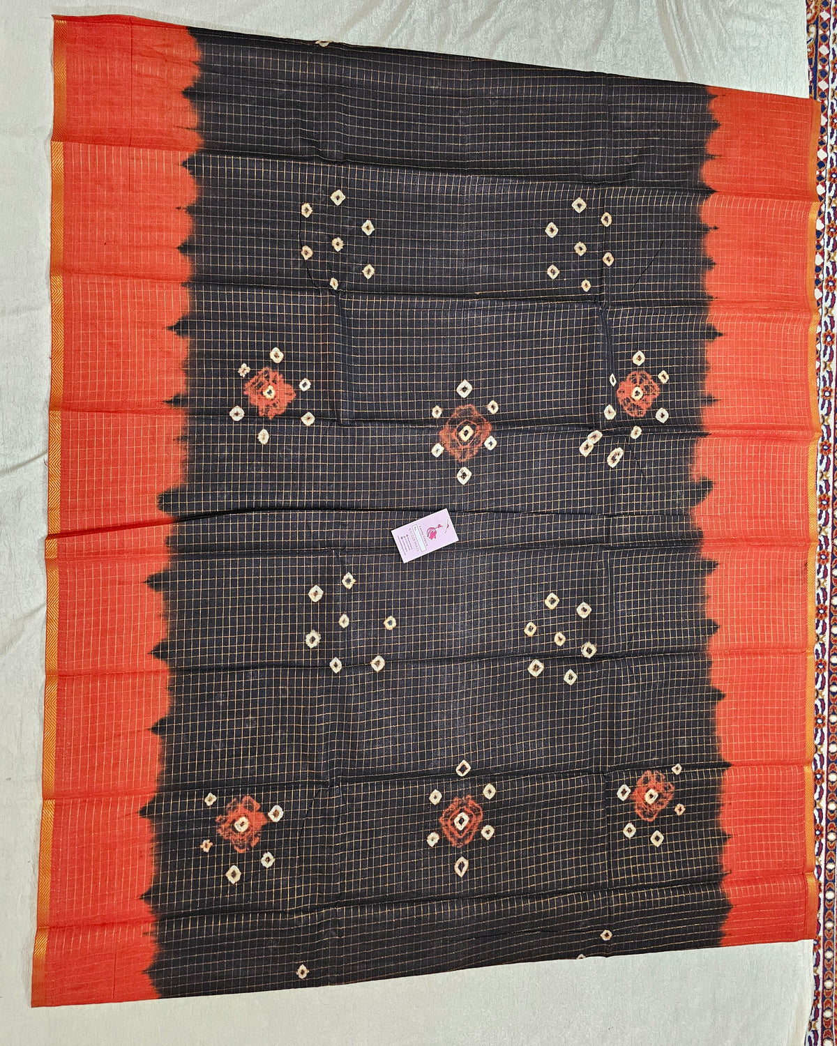 Madurai Sungadi Cotton Small Checks  Saree -  Black with Rust Orange