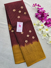 Madurai Sungadi Cotton Small Checks  Saree - Maroon with Mustard Yellow