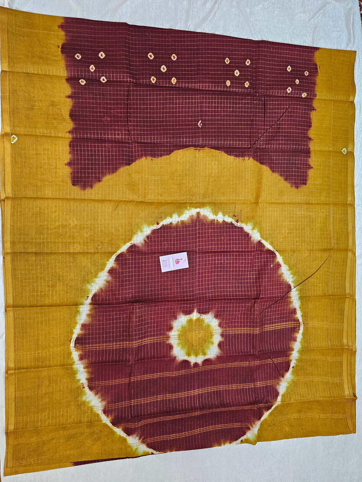 Madurai Sungadi Cotton Small Checks  Saree - Maroon with Mustard Yellow