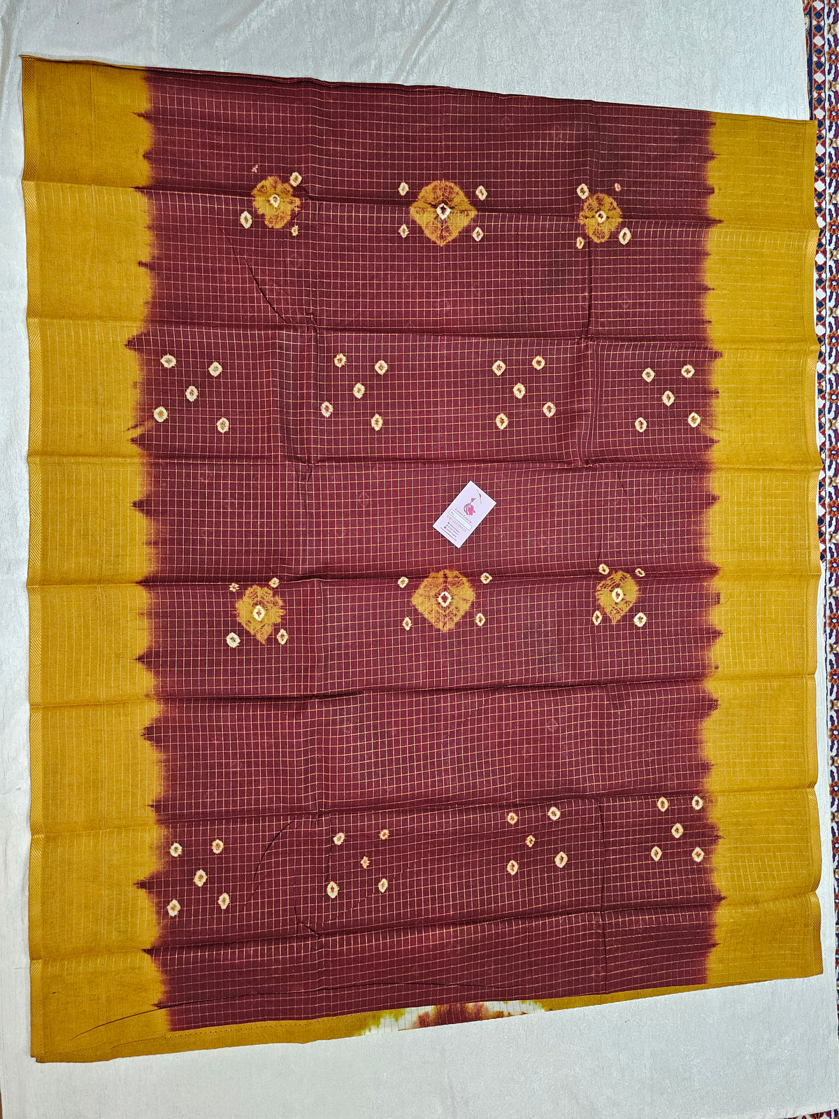 Madurai Sungadi Cotton Small Checks  Saree - Maroon with Mustard Yellow