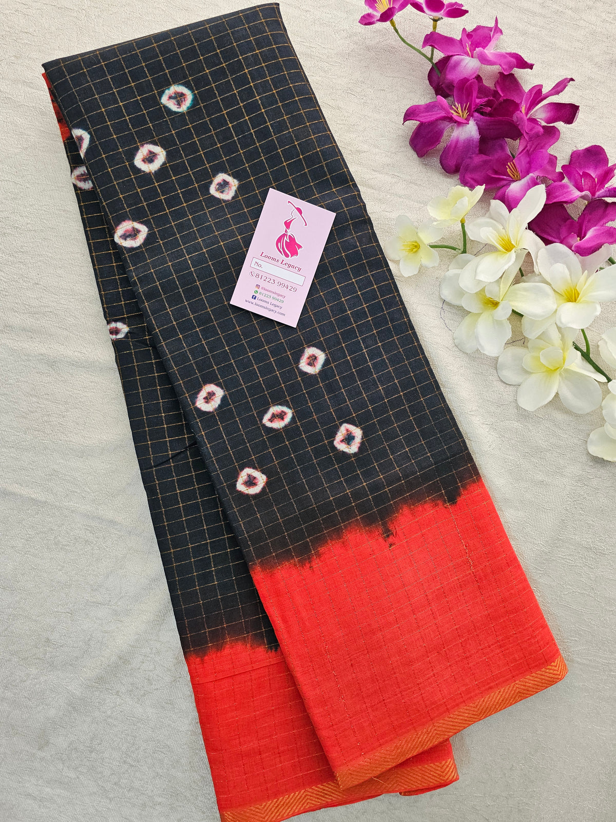 Madurai Sungadi Cotton Small Checks  Saree - Black with Orange