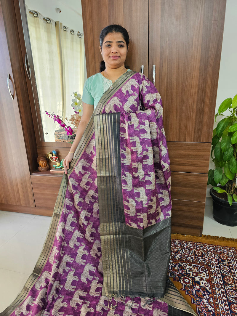 Semi Tussar with Digital Printed Saree - Purple with Dark Grey