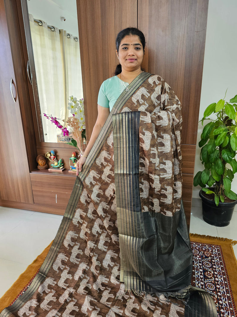 Semi Tussar with Digital Printed Saree - Army Green with Dark Grey