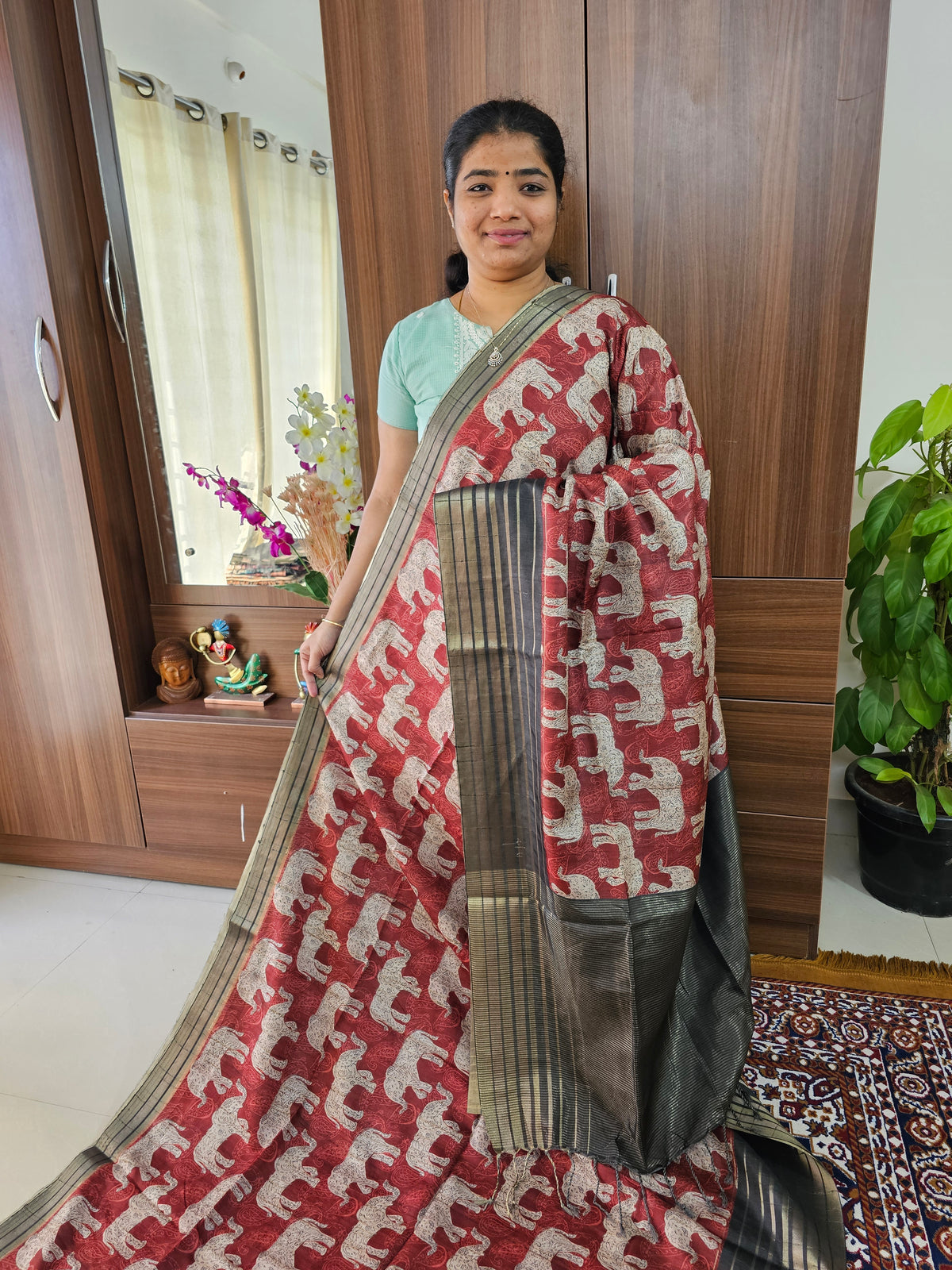 Semi Tussar with Digital Printed Saree - Maroon  with Dark Grey