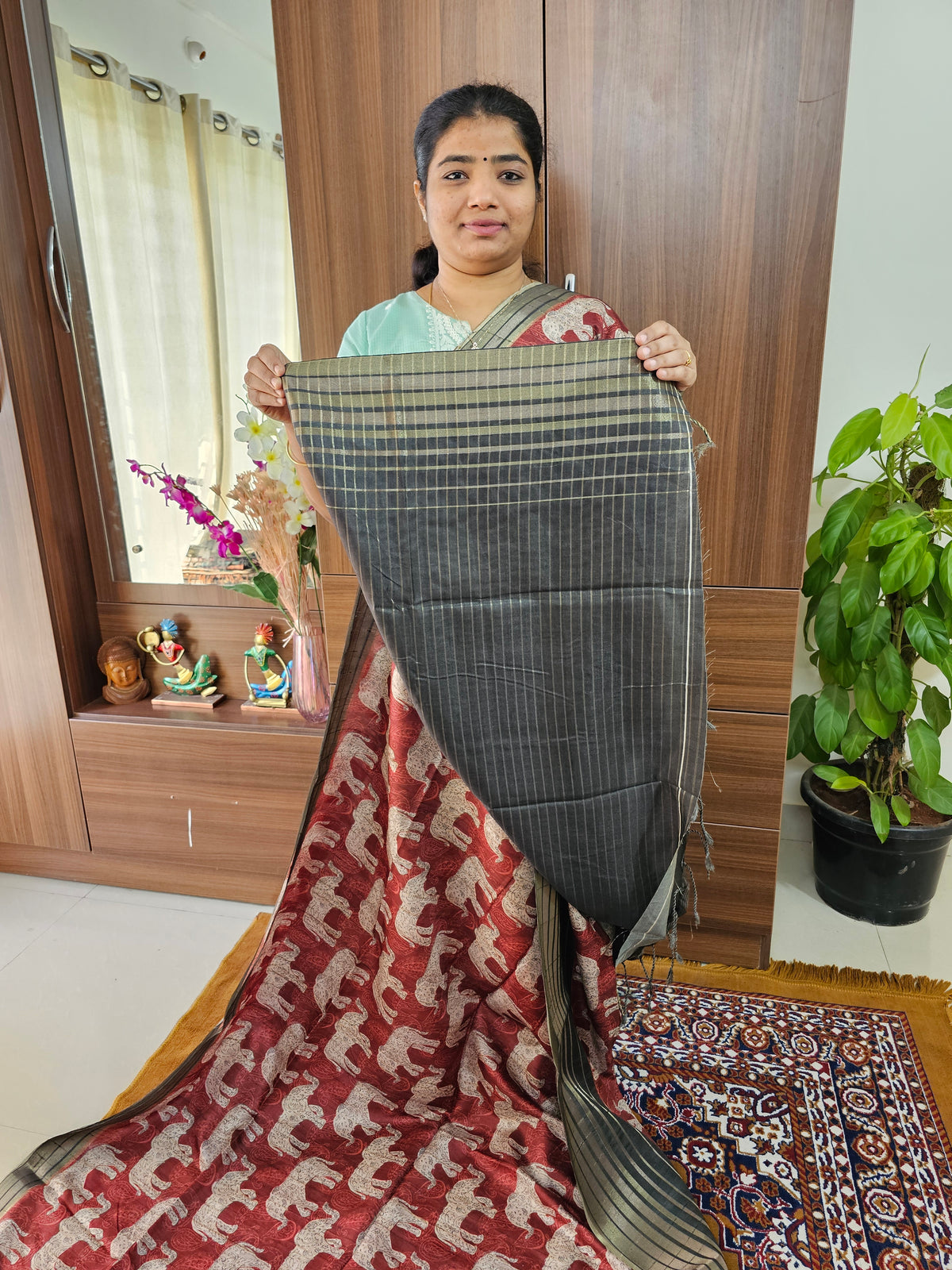 Semi Tussar with Digital Printed Saree - Maroon  with Dark Grey