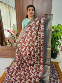 Semi Tussar with Digital Printed Saree - Brown with Dark Grey