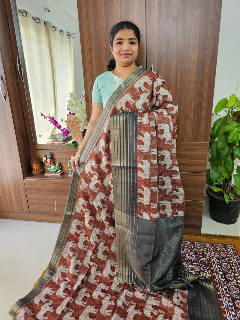 Semi Tussar with Digital Printed Saree - Brown with Dark Grey