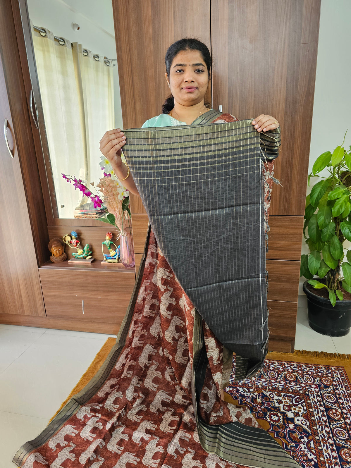 Semi Tussar with Digital Printed Saree - Brown with Dark Grey