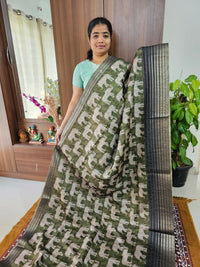 Semi Tussar with Digital Printed Saree - Green with Dark Grey