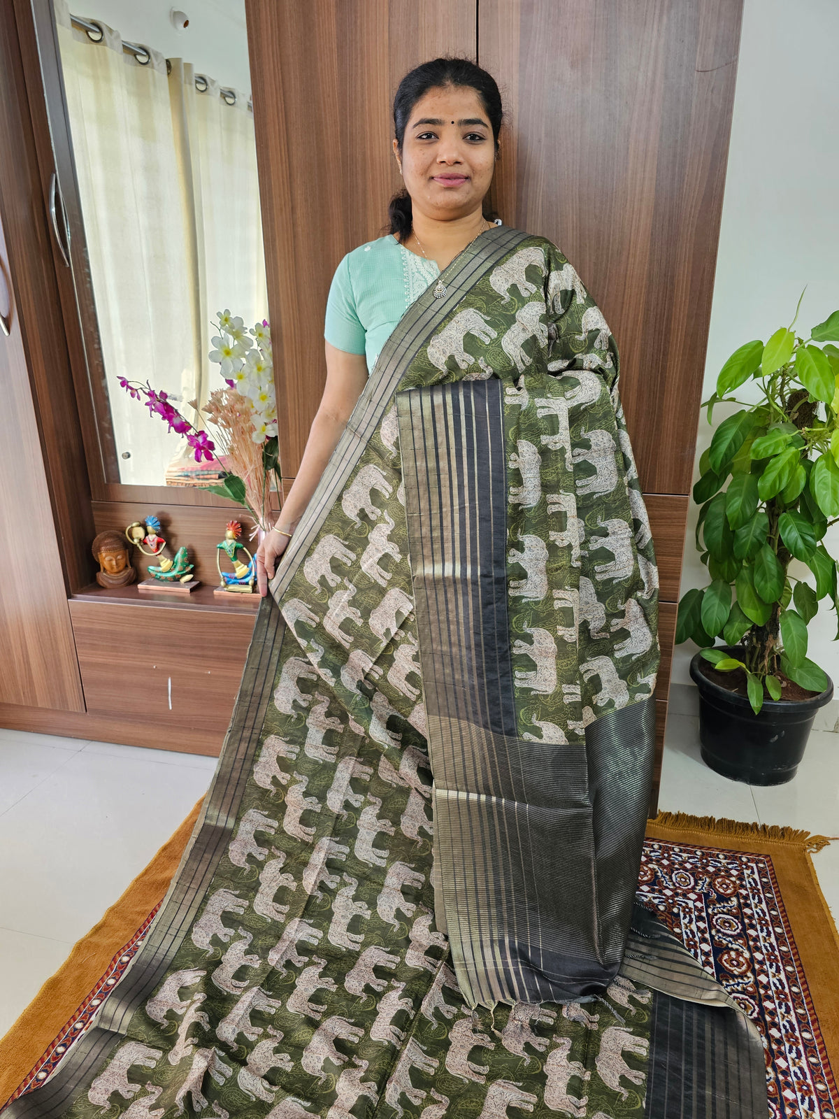 Semi Tussar with Digital Printed Saree - Green with Dark Grey