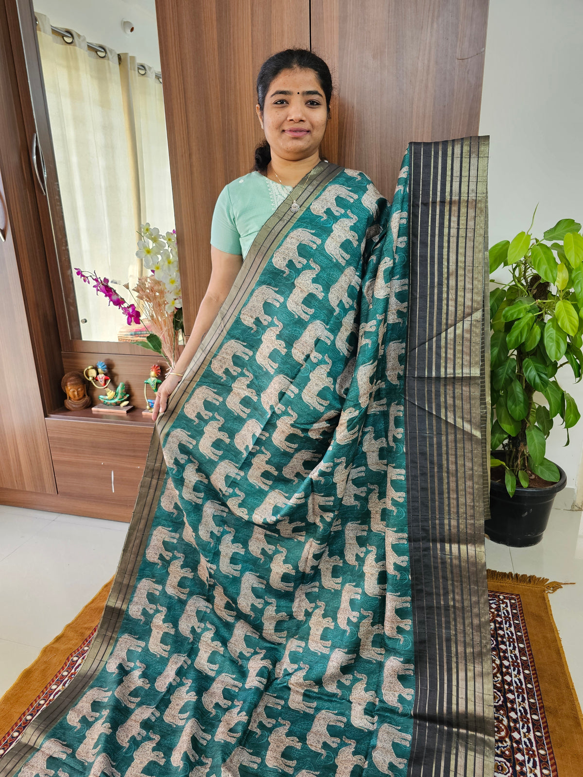 Semi Tussar with Digital Printed Saree - Dark Turquoise with Dark Grey