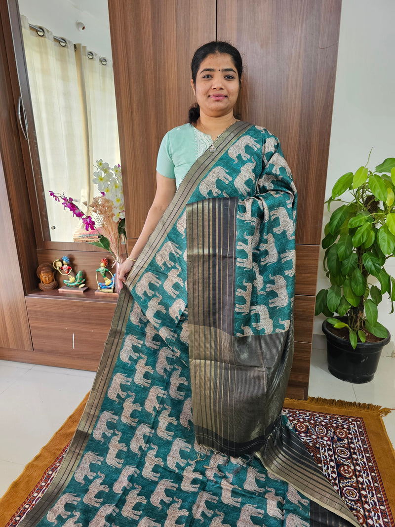 Semi Tussar with Digital Printed Saree - Dark Turquoise with Dark Grey