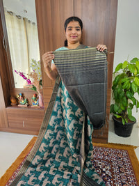 Semi Tussar with Digital Printed Saree - Dark Turquoise with Dark Grey