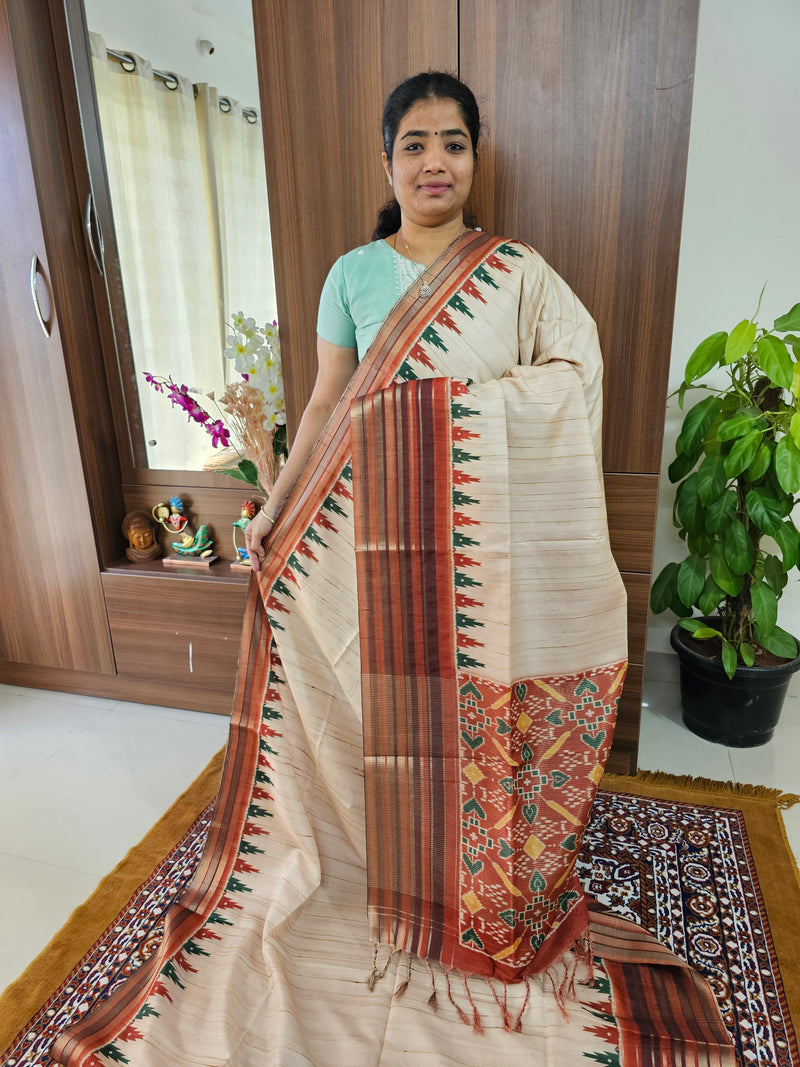 Semi Tussar with Digital Printed Saree - Cream with  Brown