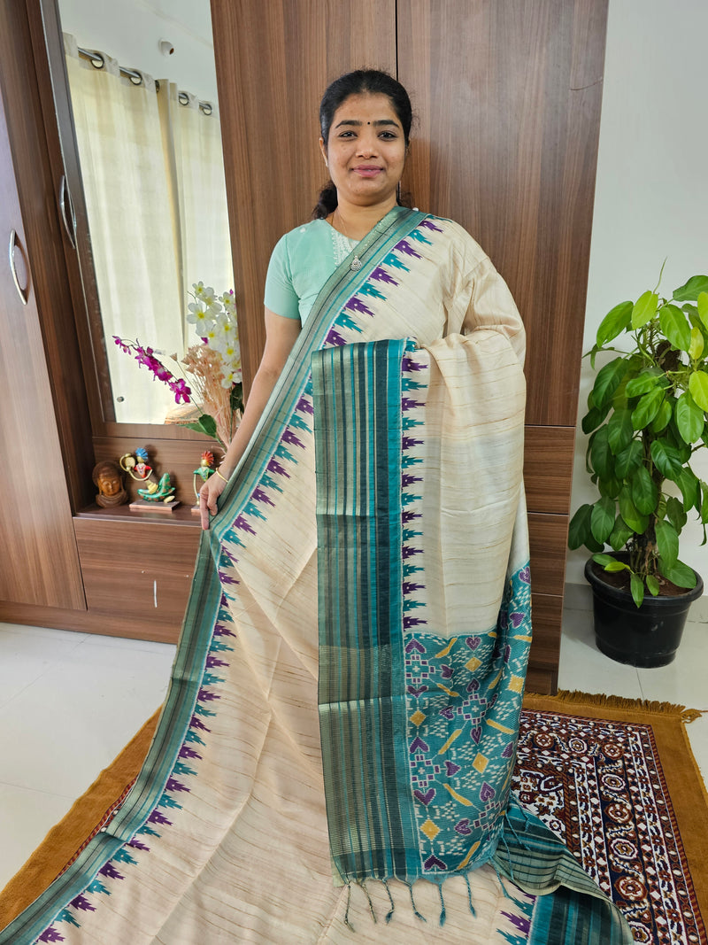 Semi Tussar with Digital Printed Saree - Cream with Sea Green