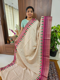 Semi Tussar with Digital Printed Saree - Cream with Pink