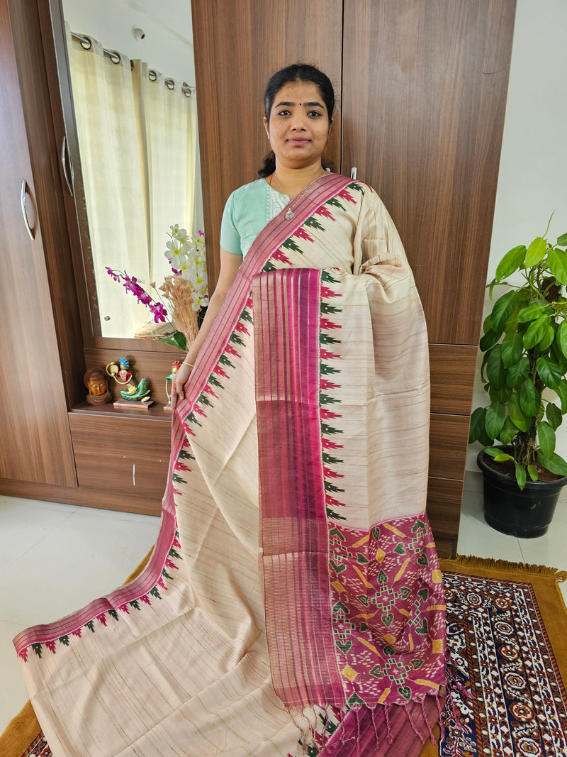 Semi Tussar with Digital Printed Saree - Cream with Pink