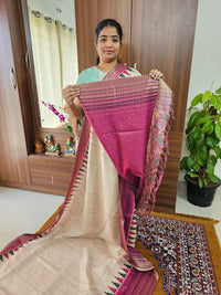 Semi Tussar with Digital Printed Saree - Cream with Pink