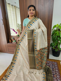 Semi Tussar with Digital Printed Saree - Cream with Dark Green