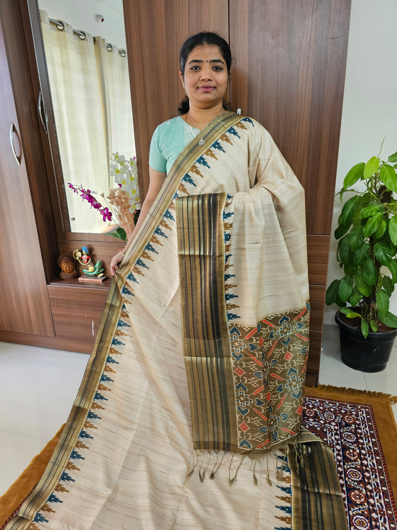 Semi Tussar with Digital Printed Saree - Cream with Dark Green