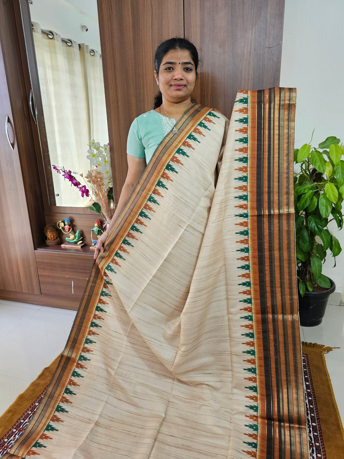 Semi Tussar with Digital Printed Saree - Cream with Orange