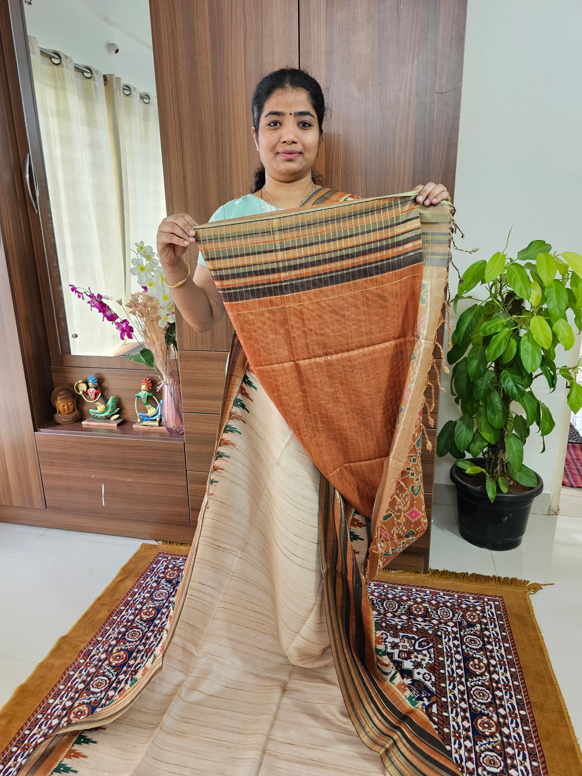 Semi Tussar with Digital Printed Saree - Cream with Orange